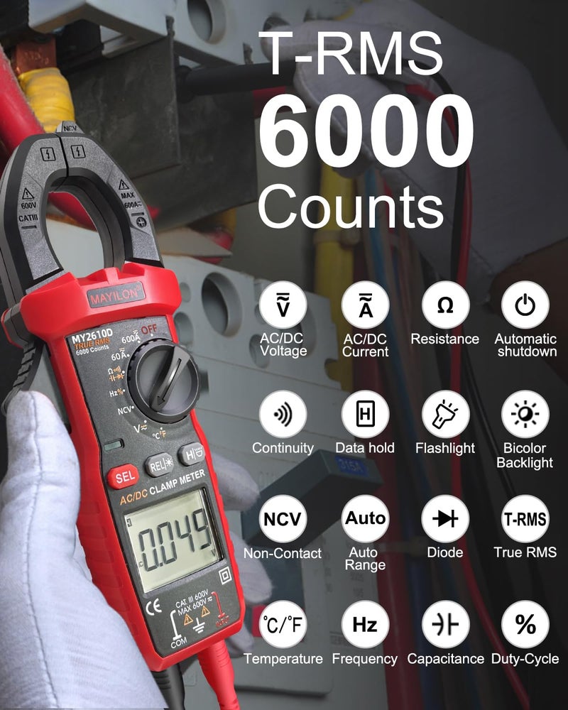 MAYILON Digital Clamp Meter, Multimeter TRMS 6000 Counts Amp Volt Meter Auto-ranging Measures AC/DC Voltage, AC/DC Current Capacitance NCV Frequency Live Wire Resistance Diode Temperature Continuity MY2610D - Image 2